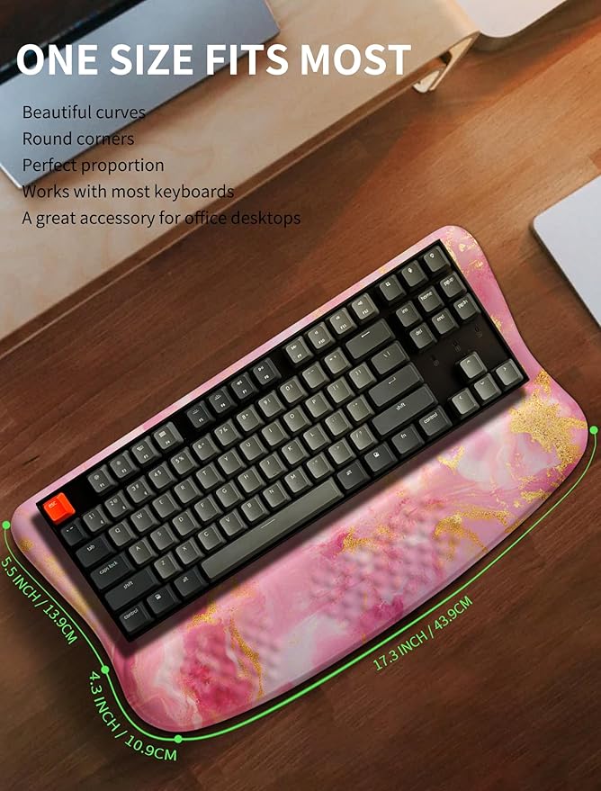 Ergonomic Wave Wrist Rest with Keyboard Stand Cushioned Palm Rest Comfortable Integrated Memory Foam for Natural Typing and Relieve Wrist Pain Pink Gold Marble