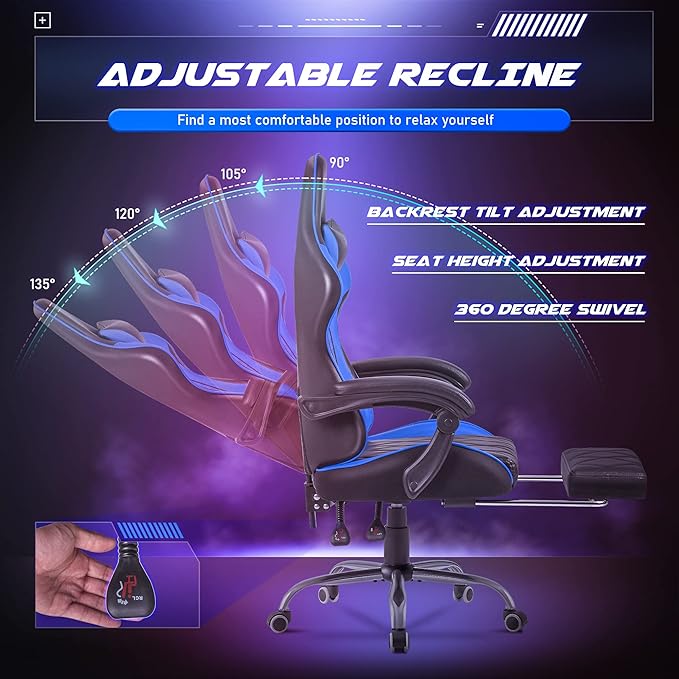 Homall Gaming Chair Computer Chair with Footrest and Massage Lumbar Support Ergonomic High Back Video Game Chair with Swivel Seat and Headrest (Blue)