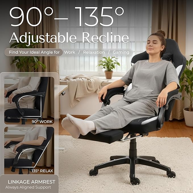 Gaming Chair Fabric with Pocket Spring CustionErgonomic High Back Video Game Chair with Footrest Massage Lumbar Support Comfy Computer Chair for Adults Game Office Black&ampWhite