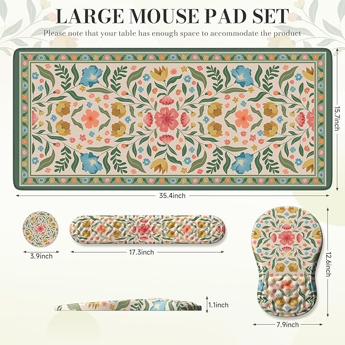 Computer Mat and Mouse Pad SetFloral Aesthetic Wrist Rest for Keyboard and Mouse with Coaster Non-Slip Desk Protector Work from Home(Green and Pink)