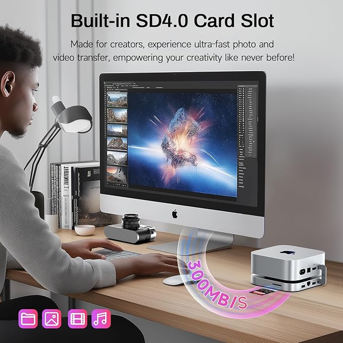 Mate Mini-A 80Gbps Mac mini M4 Dock &amp Stand Dual PCIex2 SSD Slot Max 16TB Expansion PD3.0 Port SD4.0 Card Reader 2.5G LAN 2*USB-A 5Gbps for Laptops/Desktop PC/Mini PC