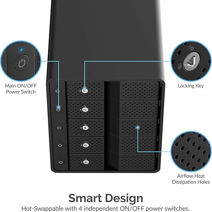 SABRENT 5-Bay USB 3.2 Gen 2 SATA Docking Station for 3.5” HDD/SSD 10Gbps USB-C DAS Tray-Less Hot-Swap Aluminum Enclosure with 120mm Cooling Fan Individual Power Switches No RAID (DS-SC5B)