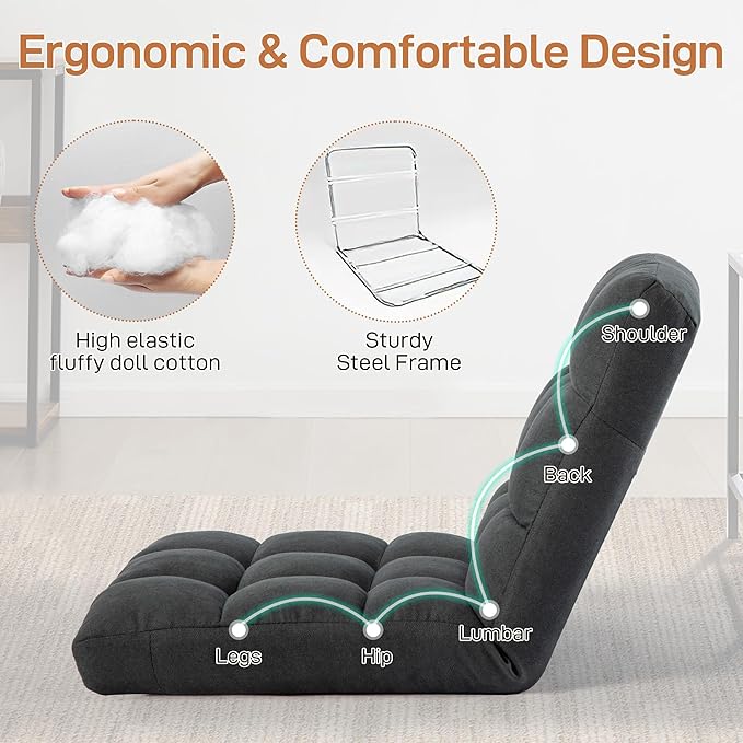 Floor Chair with Back Support Folding Chair with 6 Adjustable Position Padded Sleeper Bed Floor Gaming Chair Meditation Chair for Adults