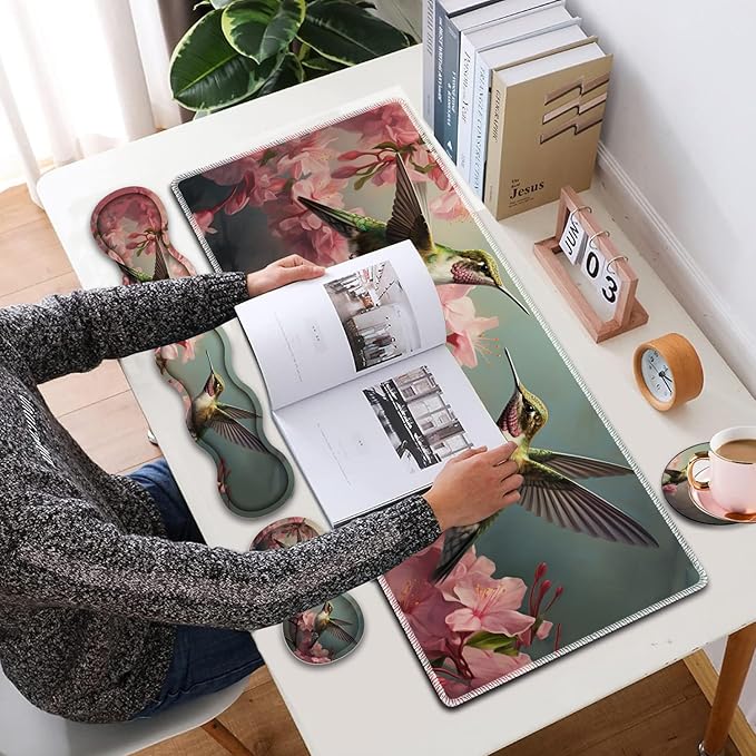 4 in 1 Mouse Pad Combo Large Gaming Mouse Pad + Keyboard Wrist Support + Mouse Wrist Rest + Coaster Table Pad 31.5 x 11.8 with Memory Foam Ergonomic Wrist Pad Set Hummingbird Flowers