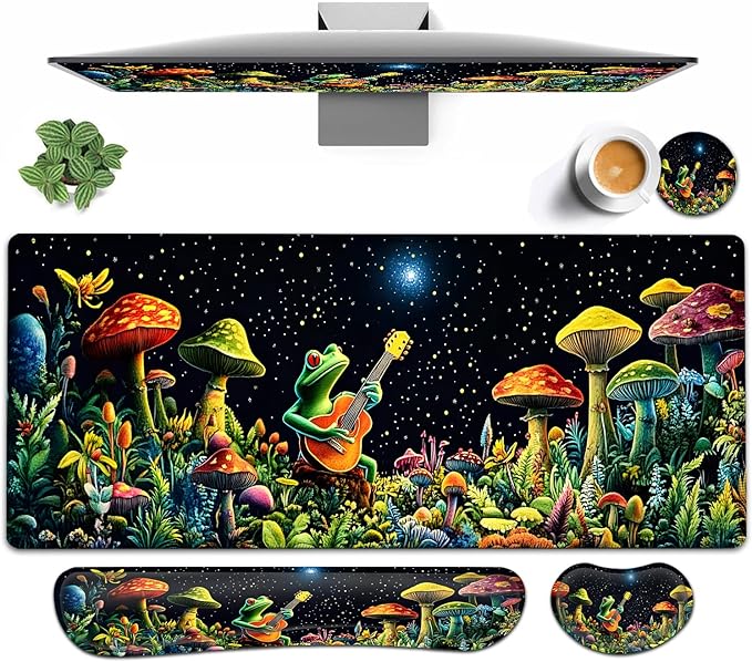 Large Mouse pad and Keyboard Support Set Ergonomic Memory Foam Keyboard Wrist Rest Extended Gaming Mouse Pad with Stitched Edges Night Moon Mushroom Guitar Frog XXL Desk Mat