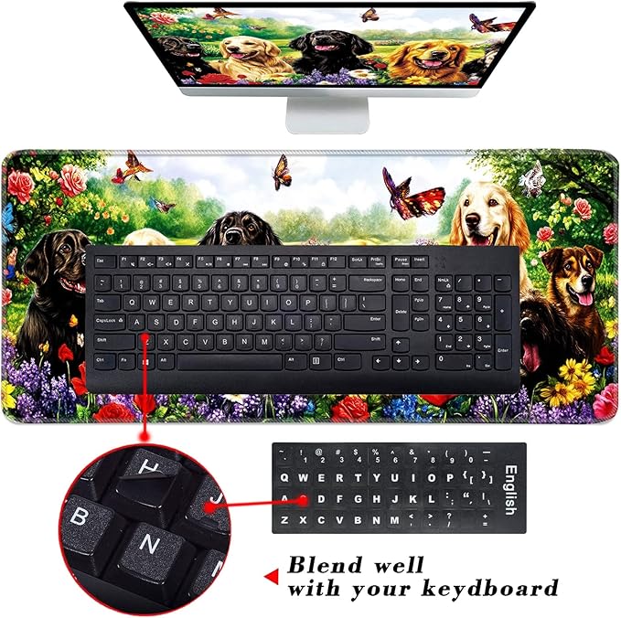 Keyboard Wrist Rest and Mouse Pad with Wrist Support Set Ergonomic CoasterMemory FoamEasy Typing Pain ReliefLarge XL Desk Mat 31.5x 11.8Dog with Butterflies and Flowers
