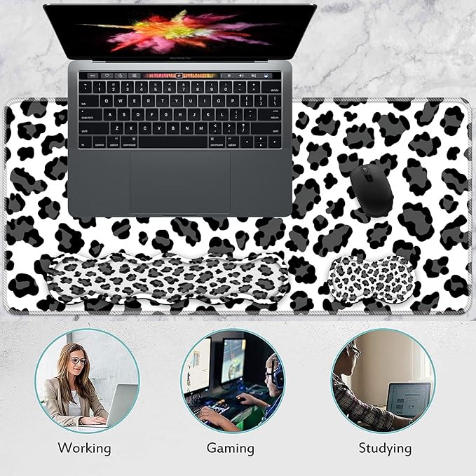 Keyboard Wrist Rest and Mouse Pad Set31.5x11.8 Inches Desk MatWaterproof Non-Slip Ergonomic Wrist Support for Pain ReliefExtended Desk Protector for Office Home GamingLeopard Print