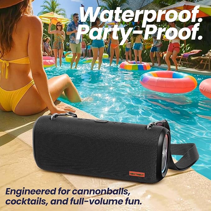 New Trent Vibe Pro Outdoor Bluetooth Speaker 80W Peak Loud Portable Wireless Speaker Waterproof IPX65 Deep Bass RGB Lights Studio Quality Sound Powered by Waves Audio Party &amp Pool Ready (Bla
