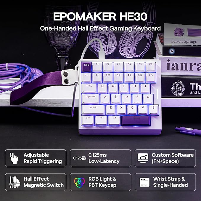 EPOMAKER HE30 One-Handed Hall Effect Keyboard 8K Polling &amp 0.125ms SOCD &amp Snap Key Adjustable Trigger PBT Keycap RGB Custom Software Wired Gaming Keyboard for PC/Gamer (White Purple)