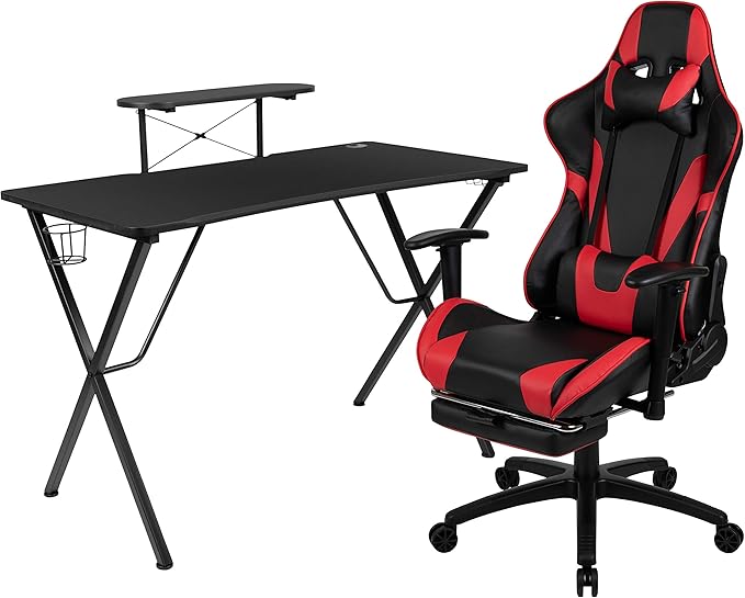 BizChair Black Gaming Desk &amp Chair Set with Cup Holder Headphone Hook and Monitor Stand
