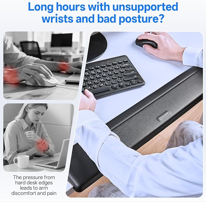 UnivoColors Long Arm Rest for Desk EdgesPU LeatherNon-SlipMemory FoamDesk Edge SupportErgonomic Design for Long-Hour Work(23.6 * 3.9 inch One-Piece Design of White)