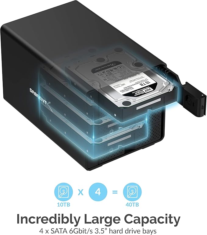 SABRENT 4-Bay USB 3.2 Gen 2 SATA Docking Station for 3.5” HDD/SSD 10Gbps USB-C DAS Tray-Less Hot-Swap Aluminum Enclosure with Cooling Fan Individual Power Switches No RAID (DS-SC4B)