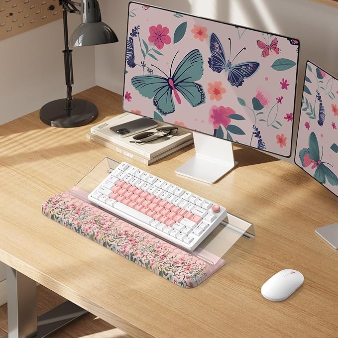 2 in 1 Keyboard Stand with Wrist Rest 3-Angle Adjustable Keyboard Riser for Typing Anti-Fatigue Memory Foam Wrist Support for Office Home (Pink)