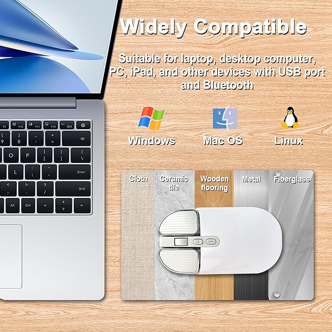 Wireless Mouse Bluetooth Cute Ultra Slim Silent Computer Mice with USB Receiver Dual-Mode 2.4G &amp Bluetooth Rechargeable Portable USB Cordless Mouse for Laptop PC Desktop Tablet Kids Adults GiftWh