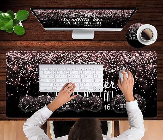 Large Gaming Mouse Pad Memory Foam Keyboard Wrist Rest Extended Office Desk Mat Office Desk Pad with Stitched Edges Laptop Desk Table Protector Rose Gold Glitter Psalm 46:5 Black Writing Mat