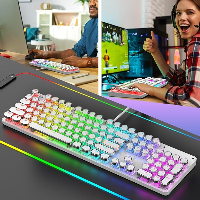 Typewriter Mechanical Gaming Keyboard with RGB Backlit Red Switches 104 Keys Retro Round Keycap Wired Typewriter Style Comfortable Typing Soud (White RGB)