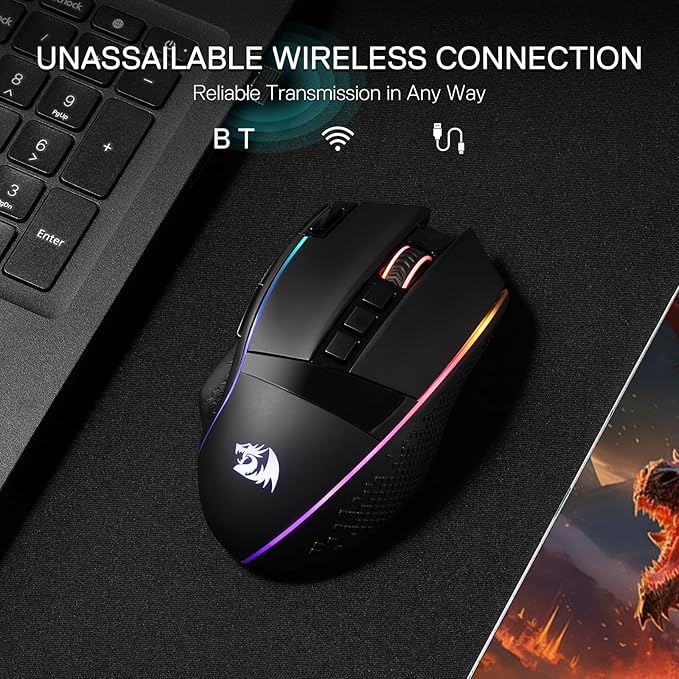Redragon M991 Wireless Gaming Mouse 26000 DPI 3-Mode Gamer Mice w/Rapid Fire Key 9 Macro Buttons Powerful Capacity and RGB Backlight for PC/Mac/Laptop Black