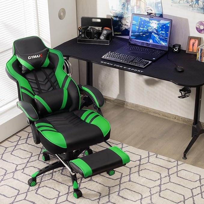GYMAX Gaming Chair Ergonomic Computer Chair with Footrest Linkage Armrests &amp Lumbar Cushion Big Wide High Back Video Gaming Chair Reclining Office Rolling Chair for Adult/Teens (Green)