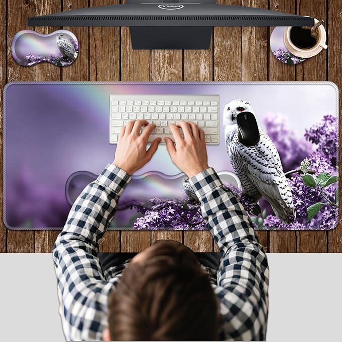 Ergonomic Keyboard Wrist Rest &amp Mouse Pad Wrist Rest SetXL Gaming Desk Mat 31.5x 11.8Non-Slip BaseMemory FoamEasy Typing Pain Relief for Office &amp HomeRainbow Floral Owl