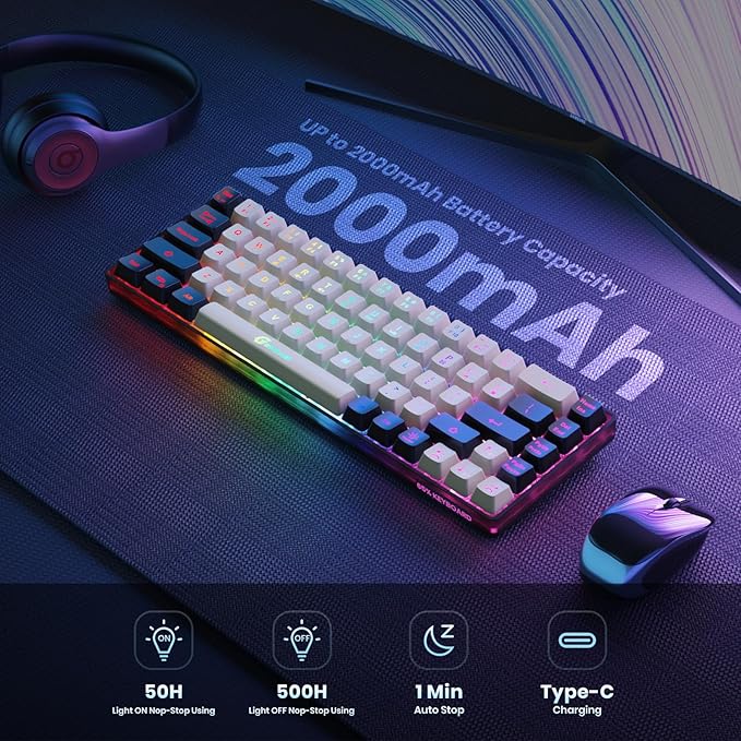 65% Wireless Gaming Keyboard: LED Backlit 68 Keys Ultra-Compact Anti-ghosting No-Conflict Wireless Keyboard for PC Laptop Windows Gamer(White-Black)