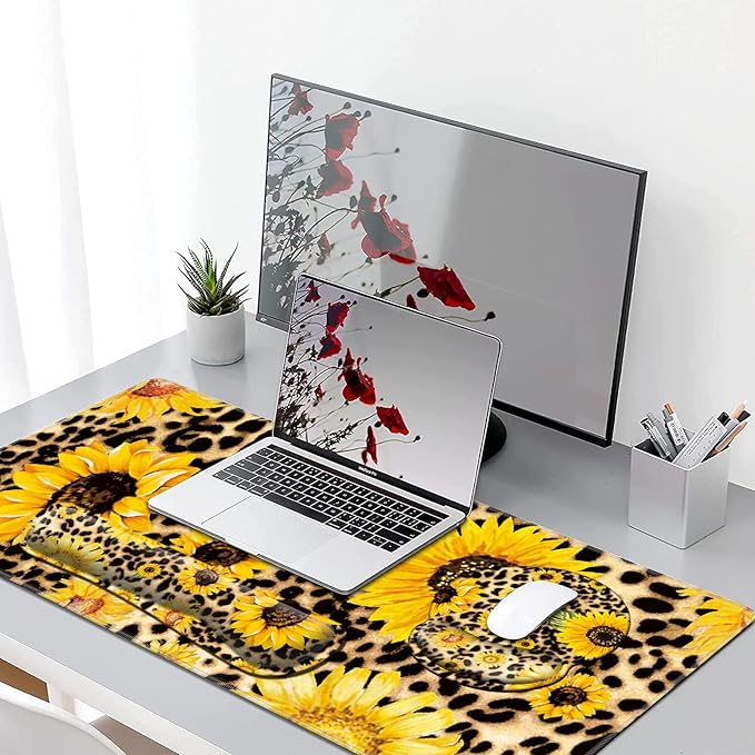 3 in 1 Full Desk Mouse Pad and Keyboard Wrist Rest Set Extended Gaming Mouse Pad + Ergonomic Keyboard and Mouse Mat with Soft Memory Foam Wrist Support for Office Home Sunflowers with Leopard Print