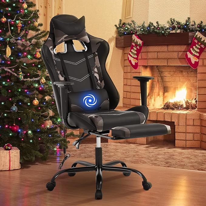 BLKMTY Massage Gaming Chair with Footrest Ergonomic Office Chair Racing Computer Chairs PU Leather with High Back Lumbar Support Headrest Reclining Chairs Camo