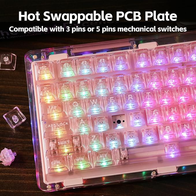 KiiBoom Phantom 81 75% Transparent Mechanical Gaming Keyboard Hot Swappable Custom Gasket Keyboard with RGB Backlit Clear Keycap Rechargeable Battery Triple Mode for Win/Mac (Phantom 81 V2 Pink)