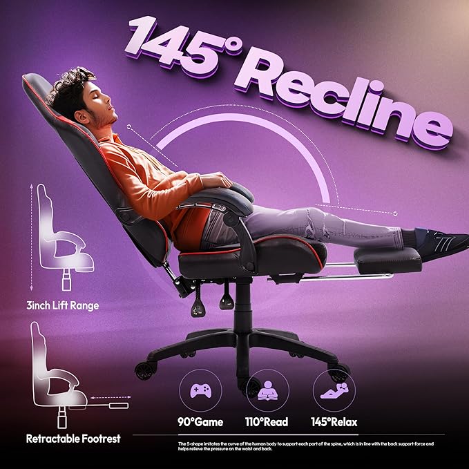 Dowinx Gaming Chair with Massage Lumbar Support and Footrest Video Game Chair for Adults Adjustable Ergonomic Gamer Chairs High Back with Pocket Spring Cushion Swivel Recliner Black and Red