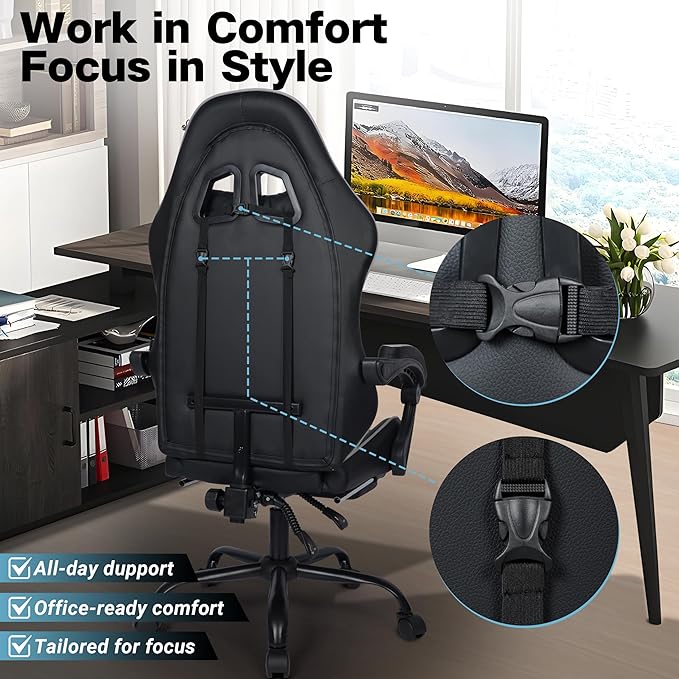 FAB&ampDeluxe Gaming Chair Ergonomic Computer Office Chair with Footrest and Lumbar Support Height Adjustable Desk Chair with 360° Swivel Seat and Headrest Grey &amp Black