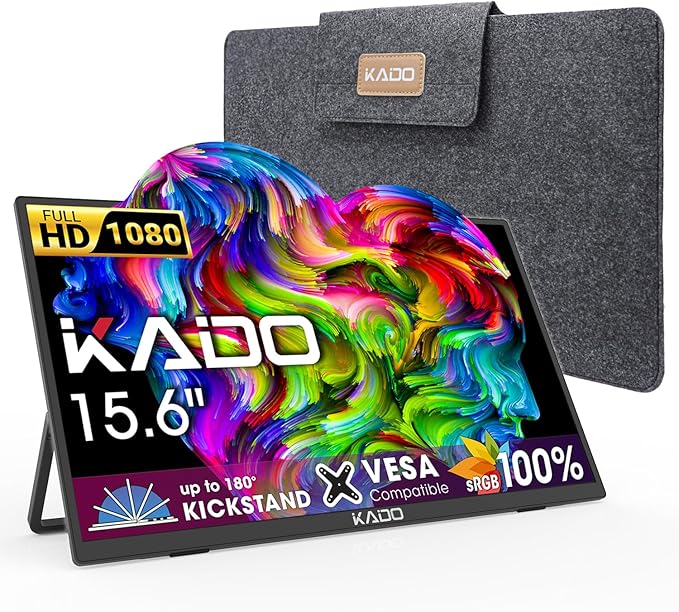 Kado 15.6 FHD Portable Monitor for Laptop 100% sRGB Second Display IPS 1920x1080 HDMI USB-C Laptop Screen Extender Carrying Sleeve 180° Kickstand for PC Mac Dex Tablet Xbox PS4/PS5 Switch