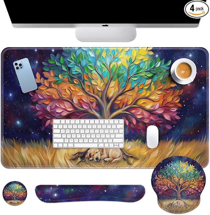 Britimes Colorful Tree Oil Painting Keyboard Mouse Pad Set Cute Dog 4in1 Large Mousepad+Keyboard Wrist Rest+Mouse Wrist Rest+Coaster Ergonomic Design for Home Office Computer 35.4x15.7 inches