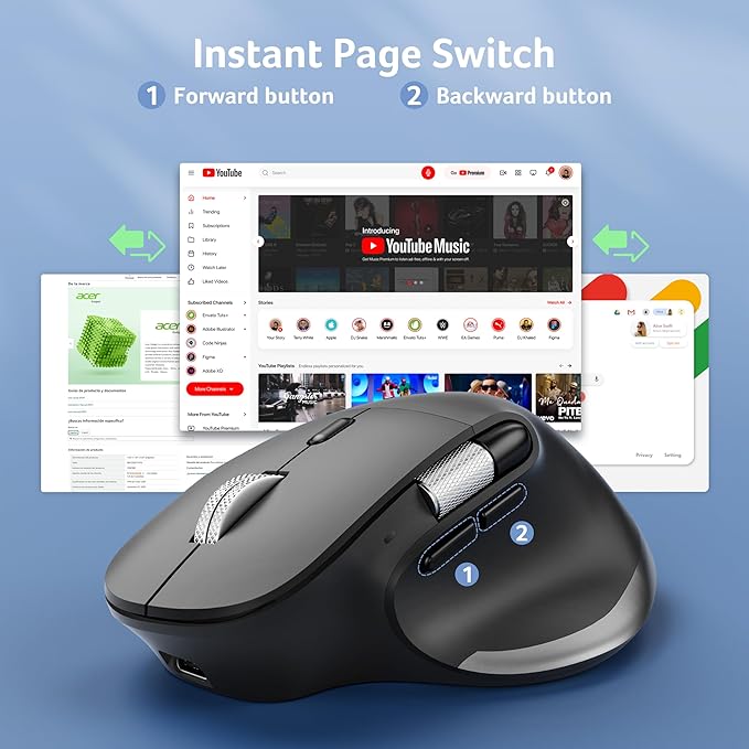 acer Ergonomic Mouse Wireless Rechargeable with Side Scroll (BT5.2+2.4GHz) Bluetooth Computer Mouse for Laptop Medium to Large Sized Hands Office USB Mice 8 Buttons 4800 DPI for PC Desktop