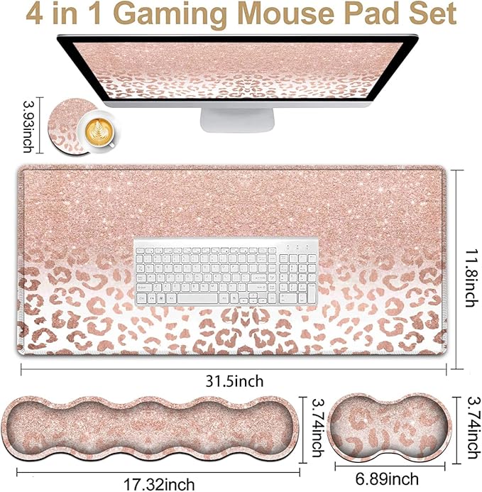Large Mouse Pad and Gel Mouse Wrist Rest+ Memory Foam Keyboard Wrist Rest Support Set Non-Slip Rubber Base for OfficeHomeComputer Extended Gaming Mousepads XXL Leopard Star Pattern Pink Desk Mat