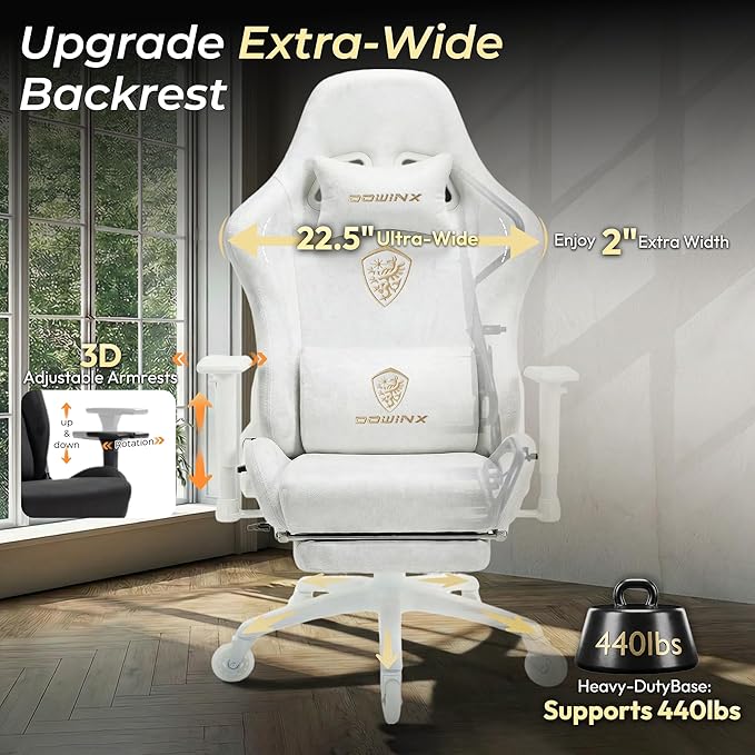 Dowinx Big and Tall Gaming Chair with Suede Fabric Breathable Game Chairs for Adults with Oversized Thick Seat for 440lbs Ergonomic Gamer Chair for Streaming &amp Long Gaming Sessions White