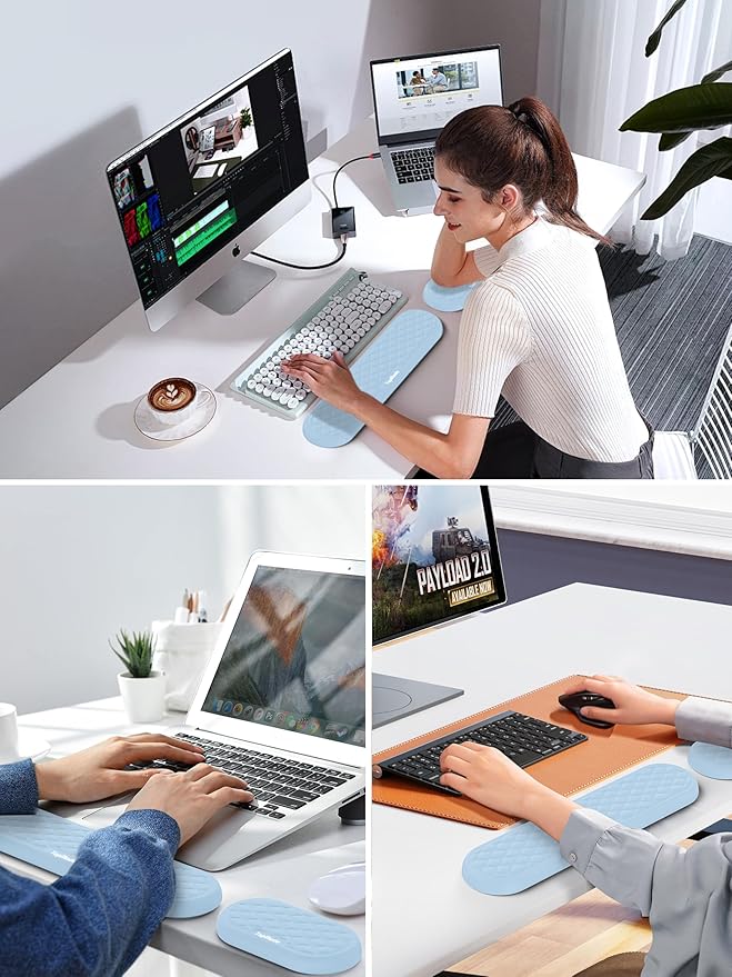 TopMade Upgraded Wider Wrist Rest Set Soft Memory Foam Keyboard Hand Rest Pad Computer Ergonomic Keyboard Mouse Wrist Support for Typing Pain Relief Comfort for Office Gaming Study White Ice