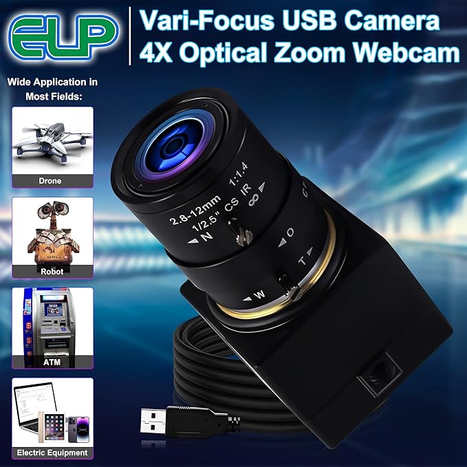 1080P USB Camera with Zoom 2.8-12mm Webcam Variable Focus PC Camera High Speed Mini UVC USB2.0 USB with Camera for Computer Industrial Video Close-up Camera 100fps 60fps Varifocal Lens Web Camera