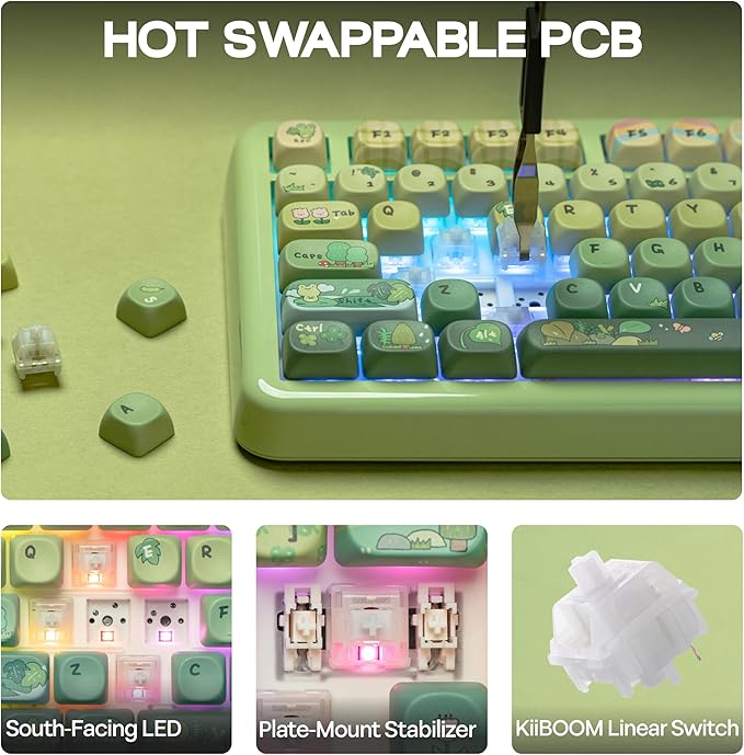 KiiBoom Phantom81 Lite 75% Gasket Mechanical Keyboard QMK&ampVIA Programmable 3 Modes Wireless Gaming Keyboard RGB Backlights ABS Case + UV Tech Hot-Swappable for Windows/Mac/Linux (Green)