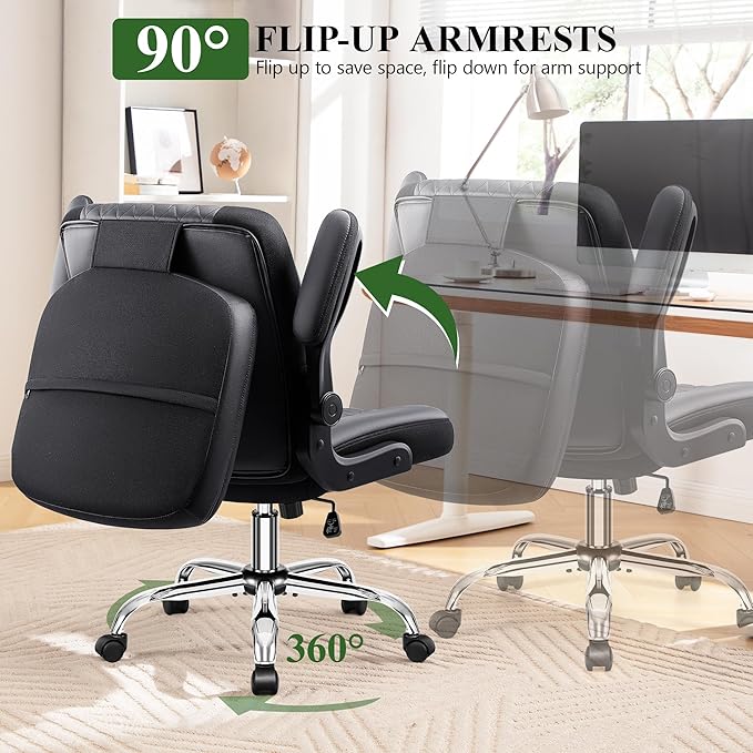 Criss Cross Office Chair with 2-in-1 Flip Backrest – Ergonomic PU Leather Floor Sitting Chair Adjustable Height 360° Swivel &amp Flip-Up Arms Extra-Wide Seat for Home Office Vanity Nail Salon-Bl