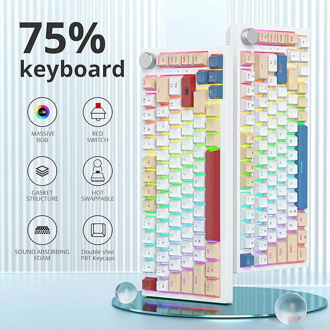 Guffercty kred 75% Retro Keyboard with Knob Custom Gasket Mounted Wired Mechanical Gaming Keyboard 75 Percent RGB Hot Swap for Mac/Windows/Linux (Gasket 82 Soy Milk)