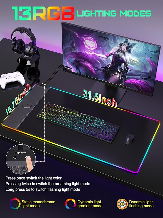TopMade Mouse Pad with Wireless Charging 31.5 x 15.75 Large Desk Mat RGB Gaming Mousepad LED Desk Pad Keyboard Pad Waterproof Desk Pad (Includes 20W PD Power Adapter &amp 6.56ft Woven Cable)