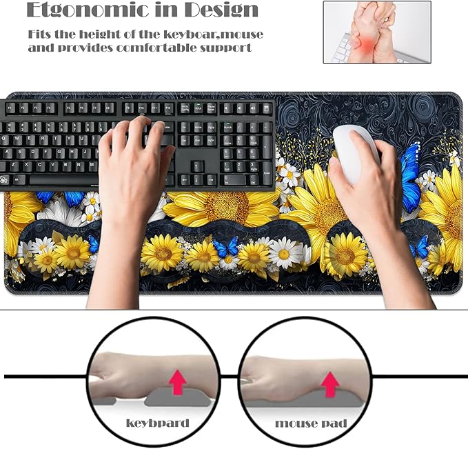 Ergonomic Keyboard Wrist Rest &amp Mouse Pad Wrist Rest SetXL Gaming Desk Mat 31.5x 11.8Non-Slip BaseMemory FoamEasy Typing Pain Relief for Office &amp HomeSunflower Daisy