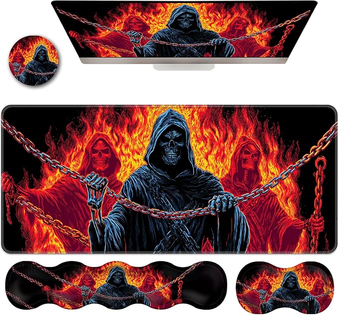 Ergonomic Keyboard Wrist Rest &amp Mouse Pad Wrist Rest SetXL Gaming Desk Mat 31.5x 11.8Non-Slip BaseMemory FoamEasy Typing Pain Relief for Office &amp HomeSkull with Flames