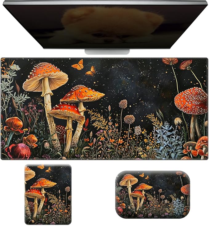 Ergonomic Desk Pad Mat &amp Keyboard Wrist Rest Set 3-in-1 Office Mouse Pad with Memory Foam Support Non-Slip Computer Blotter for Home Gaming &amp Writing 23.6 x 11.8 Mushroom