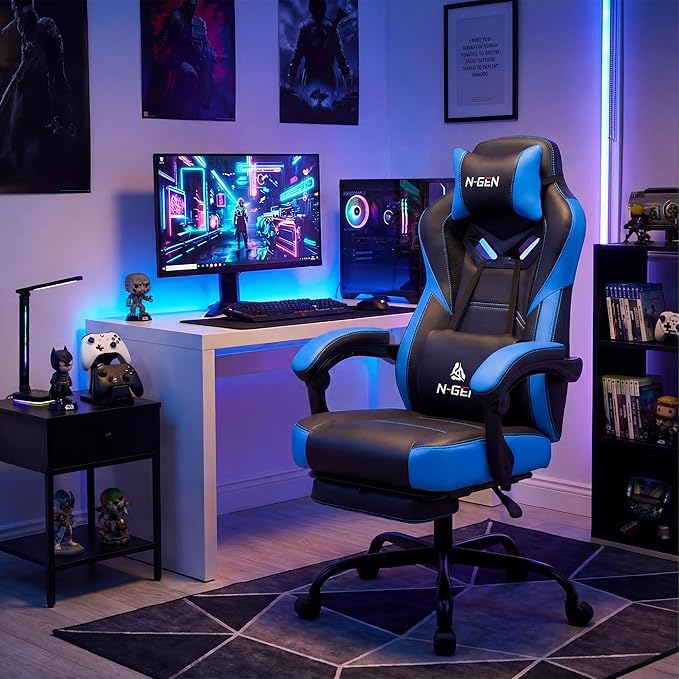 N-GEN GAMING Video Gaming Chair Big and Tall Office Computer Desk Chairs with Ergonomic Lumbar Support High Back Recliner and Footrest for Adults (Blue)