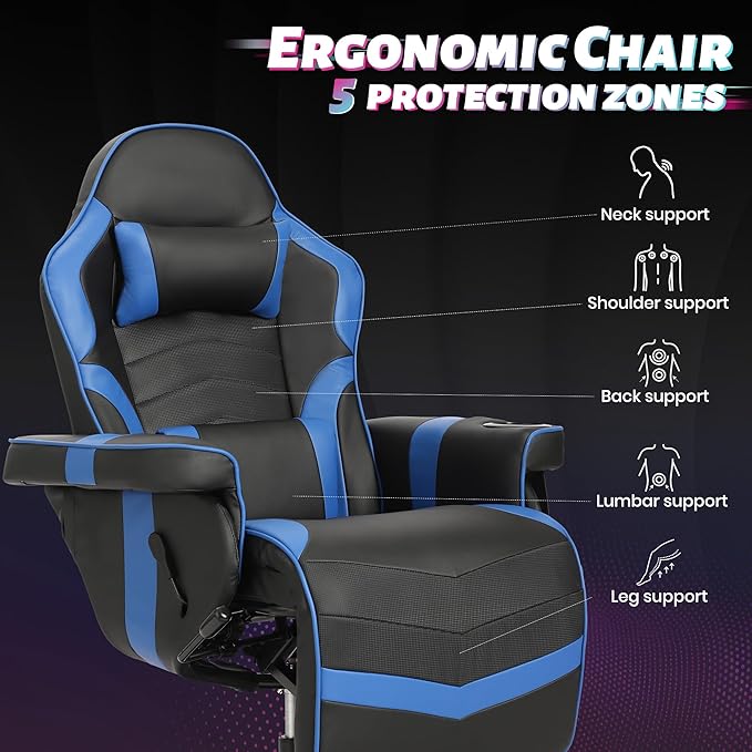 Game Reclining Chair with Adjustable Height PU Gaming Chair with Massage Long Footrest and Lumbar Support High Back Swivel Computer Game Chair for Adult(Blue)
