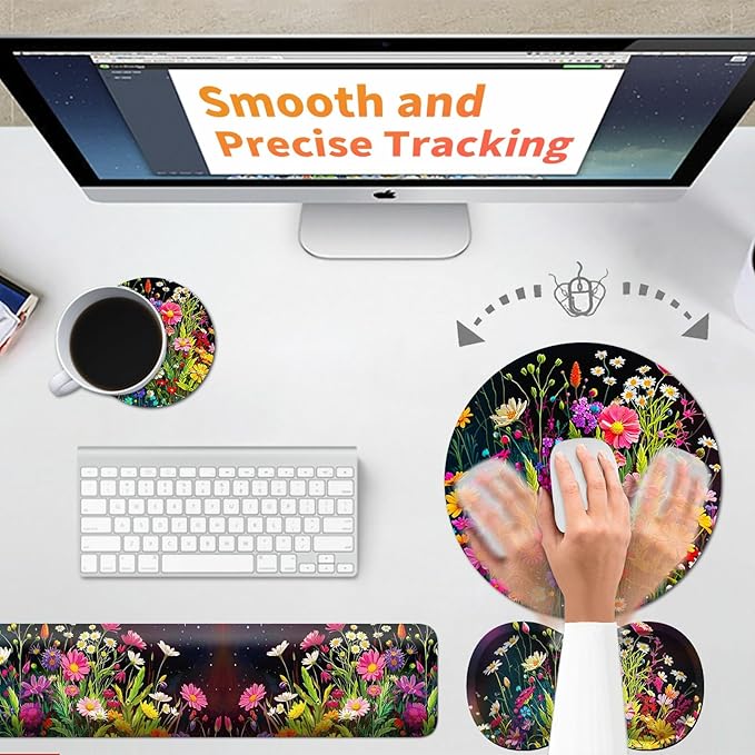 Mouse Pad with Wrist Rest + Keyboard Wrist Rest + Gaming Mouse Pad + Coasters Ergonomic Memory Foam Wrist Pad Set with Easy Typing &amp Pain Relief for Computer Laptop Office &amp Home - Floral Flow
