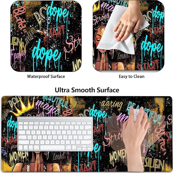 Large Gaming Mouse Pad+ Keyboard Wrist Rest Set Ergonomics Memory Foam Mouse Mat Wrist Rest Support Waterproof Extended Mousepad 31.5x11.8in African American Black Women Graffiti Girl Desk Pad