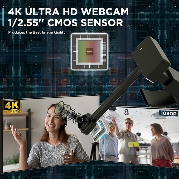 4K Webcam for PC with Remote Control Ultra HD 1/2.55'' Sensor Autofocus 10x Digital Zoom Low Light Performance Streaming Camera for PC/Video Calling/Zoom/Skype/Teams