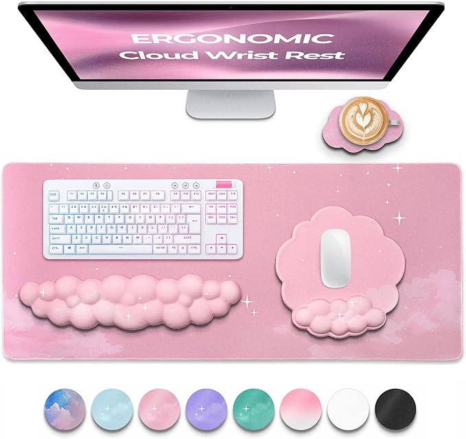 Premium Quality Cloud Wrist Rest Keyboard &amp Mouse Pad Set – Ergonomic Memory Foam Desk Accessories with Wrist Support for Office &amp Gaming – Pink