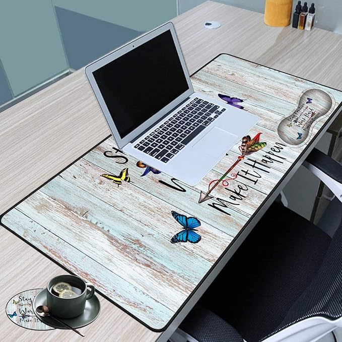 Large Game Mouse Pad + Wrist Support Pad + Coffee Coaster Stay Positive Work Hard and Make It Happen Foldable Table Mat with Stitched Edge Non-Slip Set Pad Suitable for Office Work and Home